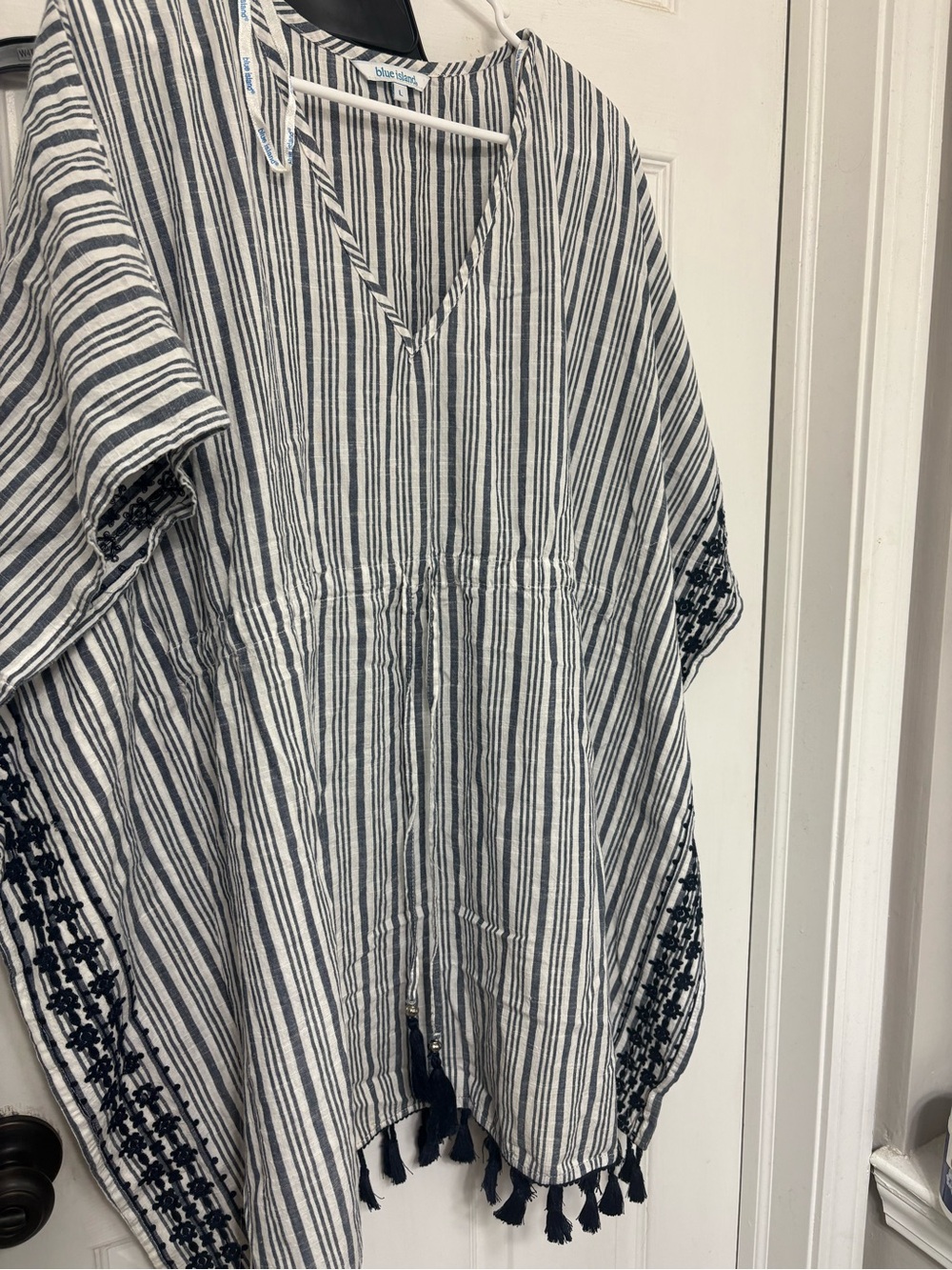 blue island Striped Tassel Tunic Top - grey, black and white